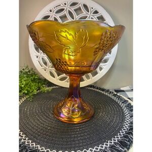 Indiana Glass Harvest‎ Grape Marigold Amber Carnival Glass Pedestal Bowl 8.5"